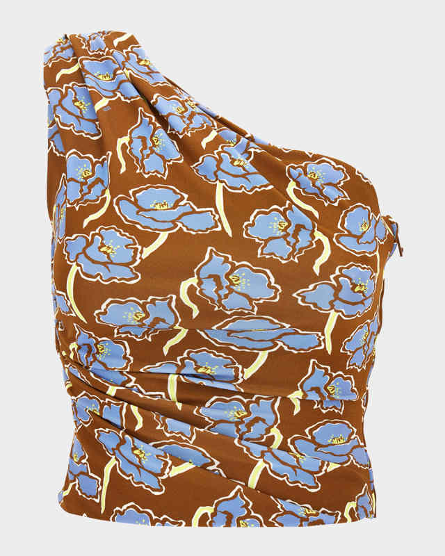 Poppies-Print Crepe Jersey One-Shoulder Crop Blouse
